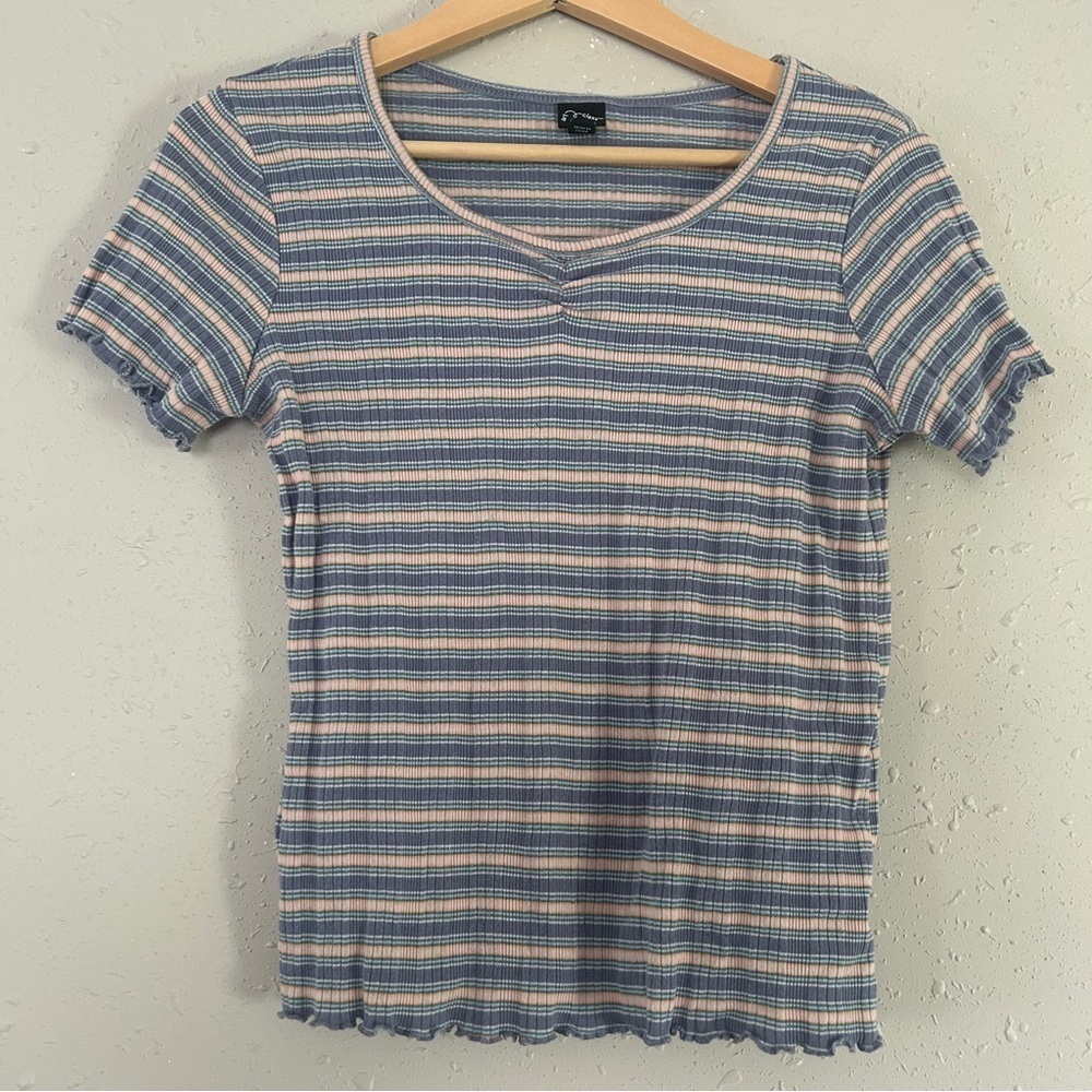 🦋 Art Class Blue Pink Striped Short Sleeve Baby Tee Stretch Comfy Pastel Large